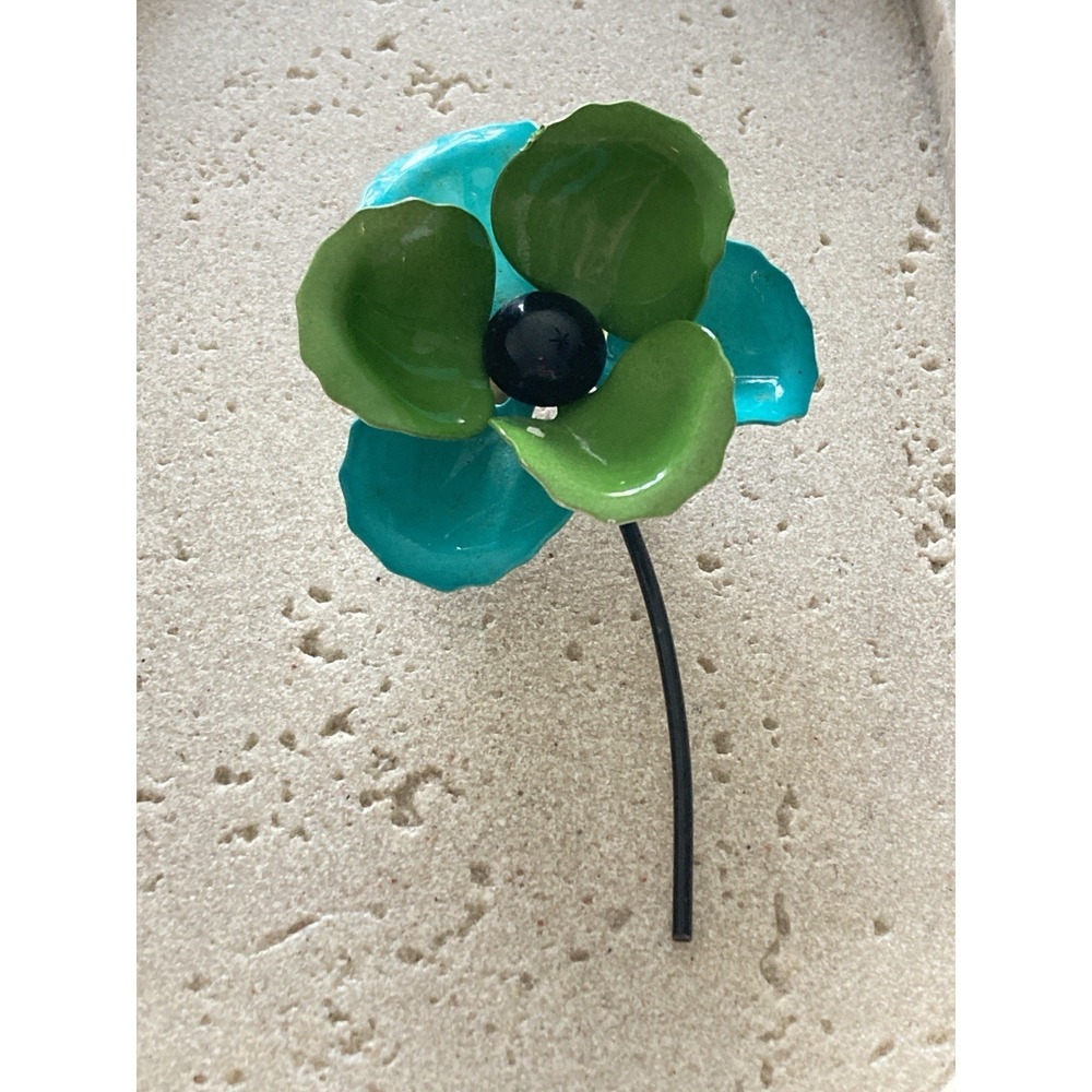 Vintage‎ Pop Art Brooch Mod Retro Blue Green Metal Flower 70s Large Artsy Pin